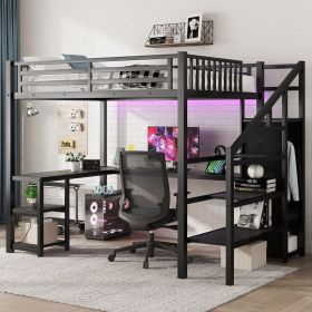 Metal Full Loft Bed with Wardrobe and LED Light, Full Size Loft Bed with L Shaped Desk and USB for Kids Teens Adults