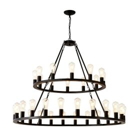 48 Inch Black Extra Large Wagon Wheel Chandelier, 2 Tier 36-Lights(No Include) Farmhouse Industrial Round High Ceiling Pendant Light Adjustable Chain