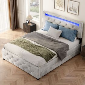 Queen Size Upholstered Platform Storage Bed Frame with 4 Drawers and LED Light,No Box Spring Needed