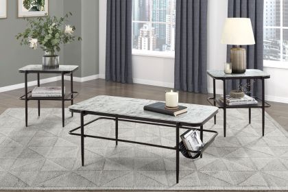 3pc Stylish Occasional Table Set White Marble Print Tempered Glass Top Coffee Table and End Tables Modern Home Furniture