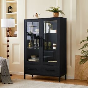 60'' Tall Display Cabinet with Tempered Glass Door, LED Lighting, Two Drawers, Modern Style Storage Cabinet for Living Room, Office & Study, Black
