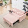 The pull-out and push-in pink corduroy sofa with dual functions, equipped with a movable tabletop and USB ports