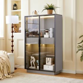 60.6'' Tall Display Cabinet with Tempered Glass Door, LED Lighting, Two Drawers, Modern Style Storage Cabinet for Living Room, Office & Study, Grey