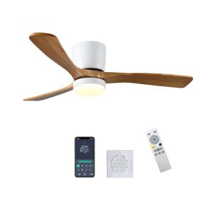 52 inch White Wood Ceiling Fans with Lights and Remote, Modern Flush Mount Low Profile Ceiling Fan with Light, 6 Speed, Reversible DC Motor