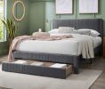 Contemporary 1pc Queen Size Bed w Storage Drawer Charcoal Corduroy Texture Design Platform Bedframe