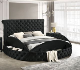 Luxurious 1pc Glam King Size Tufted Headboard Upholstered Storage Round Bed Black Footboard Storage Wooden Bedroom Furniture
