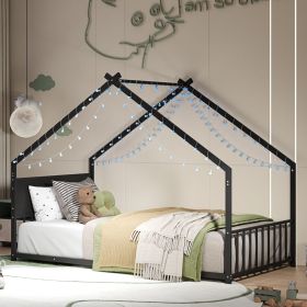 Twin Size House Bed with Roof and Colorful Lights, Metal Bed Frame with Slats and Legs, House Bed for Boy, Girls and Young Teens