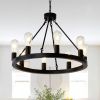 6-Light (No Bulbs) Matte Black Wagon Wheel Chandelier Farmhouse Modern Small Round Chandelier for Living Room Kitchen Island Foyer Hallway Entryway Be