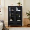 60'' Tall Display Cabinet with Tempered Glass Door, LED Lighting, Two Drawers, Modern Style Storage Cabinet for Living Room, Office & Study, Black