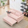 The pull-out and push-in pink corduroy sofa with dual functions, equipped with a movable tabletop and USB ports
