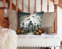 Graveyard Spooky Halloween Throw Pillow Machine Washable, Indoor Outdoor Decorative Pillow for Couch, Bed or Patio, 14Hx14W