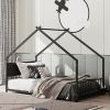 Twin Size House Bed with Roof and Colorful Lights, Metal Bed Frame with Slats and Legs, House Bed for Boy, Girls and Young Teens