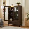 60'' Tall Display Cabinet with Tempered Glass Door, LED Lighting, Two Drawers, Modern Style Storage Cabinet for Living Room, Office & Study, Walnut