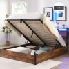 Lift-up Storage Bed Frame, Full Size Bed Frame with Bookcase Headboard & LED Lights, Wooden Platform Bed Frame with Charging Station