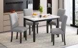 TREXM Faux Marble 5-Piece Dining Set Table with 4 Thicken Cushion Dining Chairs Home Furniture, White/Light Gray+Black