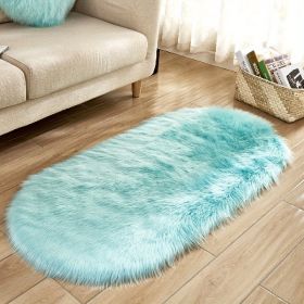 1pc Super Soft Area Rug, Plush Fluffy Faux Sheepskin Oval Floor Mat For Living Room Bedroom, Machine Washable Bedside Rugs (Color: Light blue, size: 23.62*47.24inch)