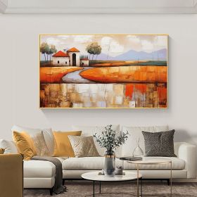 Hand Painted Oil Painting Abstract Village Oil Painting on Canvas Large Wall Art Original Minimalist Orange Landscape Art Custom Painting Boho Living (Style: 1, size: 100x150)