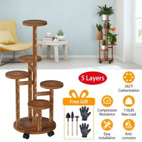 5 Tier Plant Stand with 4 Detachable Wheels Wooden Plant Pot Rolling Shelf Plant Display Rack for Indoor Outdoor Decoration (Color: Yellow)