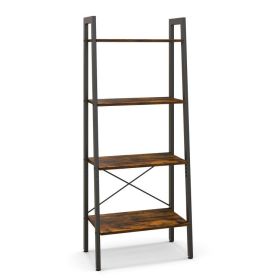 4-Tier Bookshelf with Metal Frame and Adjustable Foot Pads (Color: Rustic Brown)