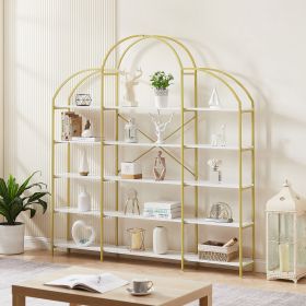 74.8 Inch 5 Tiers Office Bookcase Bookshelf, Display Shelf with Round Top, X Bar Gold Frame (Color: Golden+White)
