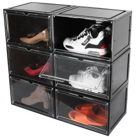 6Packs Collapsible Shoe Box Stackable Shoe Storage Bin Transparent Dustproof Hard PP Shoe Organizer Container with Magnetic Door (Color: Black)
