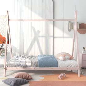 House Bed Tent Bed Frame Twin Size Metal Floor Play House Bed with Slat for Kids Girls Boys , No Box Spring Needed (Color: Pink)
