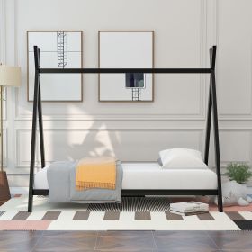 House Bed Tent Bed Frame Twin Size Metal Floor Play House Bed with Slat for Kids Girls Boys , No Box Spring Needed (Color: Black)