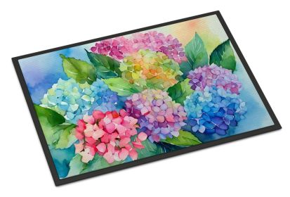 NEW Hydrangeas in Watercolor Doormat Front Door Mat Indoor Outdoor Rugs for Entryway, Non Slip Washable Low Pile, 18H X 27W (Default: Default)