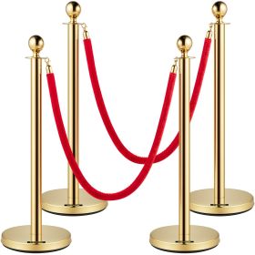 VEVOR Velvet Ropes and Posts, 5 ft/1.5 m Red Rope, Stainless Steel Gold Stanchion with Ball Top, Red Crowd Control Barrier Used for Theaters, Party (Quantity: 4 Pcs)