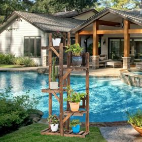 5-Tier Flower Rack Wood Plant Stand 6 Pots Display Shelf (Color: as show)