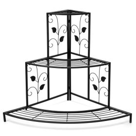 3 Tier Floral Corner Metal Plant Pot Rack (Color: Black)