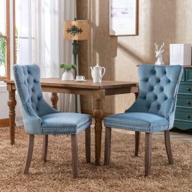 Modern High-end Tufted Solid Wood Contemporary Velvet Upholstered Dining Chair with Wood Legs Nailhead Trim 2-Pcs Set (Material: Velvet, Color: Light blue)