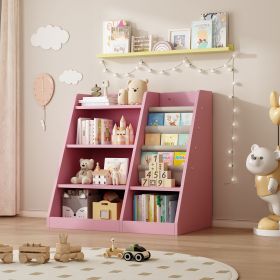 Wooden Toy Storage Organizer Cabinet Kids Bookshelf Children Bookcase Toddler Baby Sling Book Rack Adjustable Shelf for Playroom Bedroom Nursery Hallw (Material: MDF, Color: Pink)