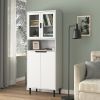 Tempered Glass Door Tall Storage Bookcase with adjustable board, 4 doors MDF painting finished cabinet, White, Living room Bedroom storage